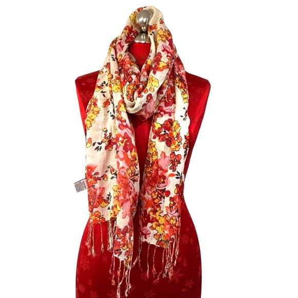 Beachy Boho floral scarf wrap shawl lightweight fringed orange yellow floral - Picture 2 of 6